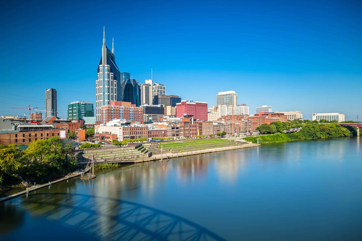 The downtown Nashville, Tennessee skyline along the Cumberland River, with the AT&T Building